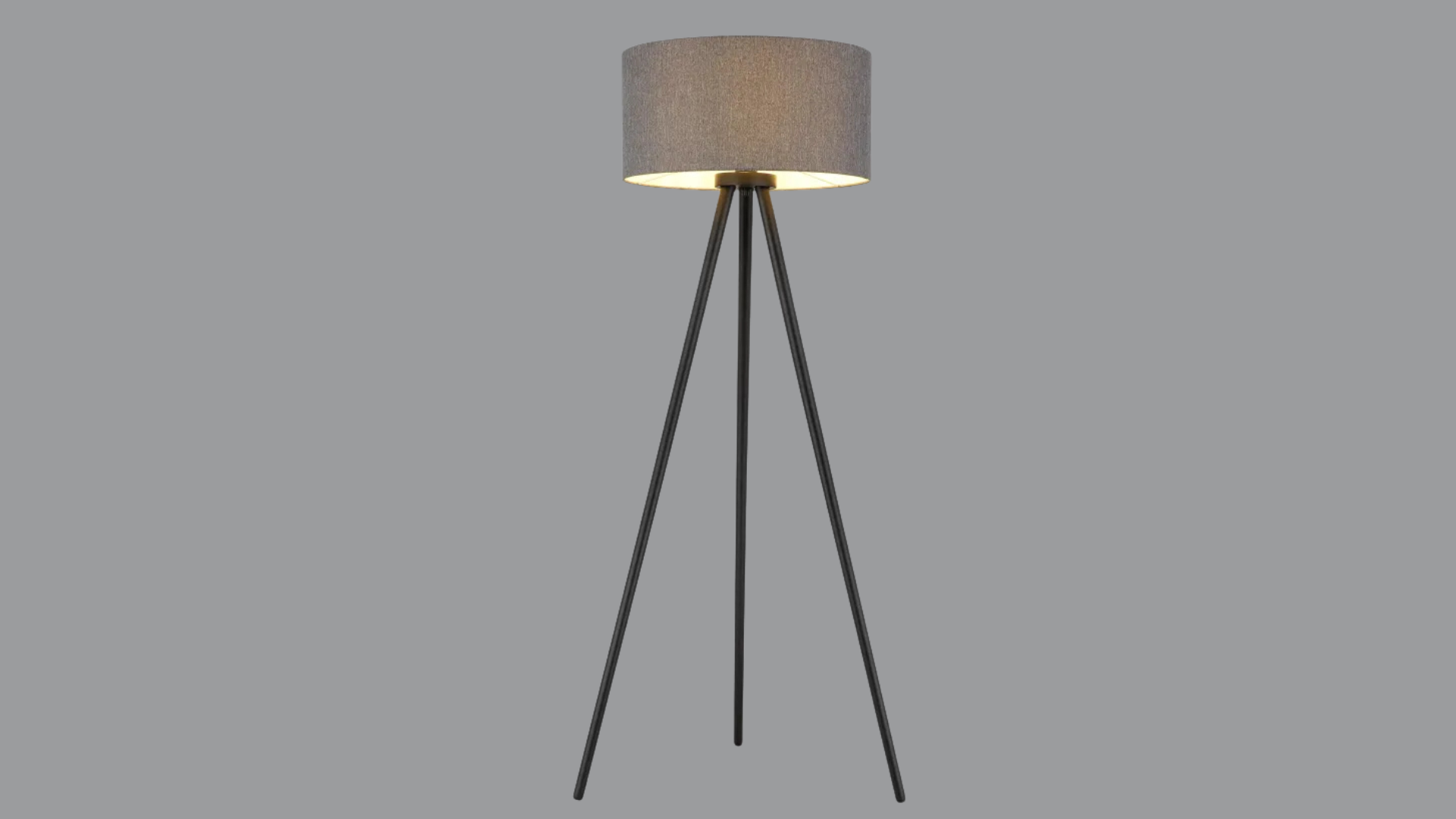Lampada da terra moderna Globo Lighting serie Stabilo con struttura in metallo nero opaco, dettaglio in legno e paralume in tessuto nero