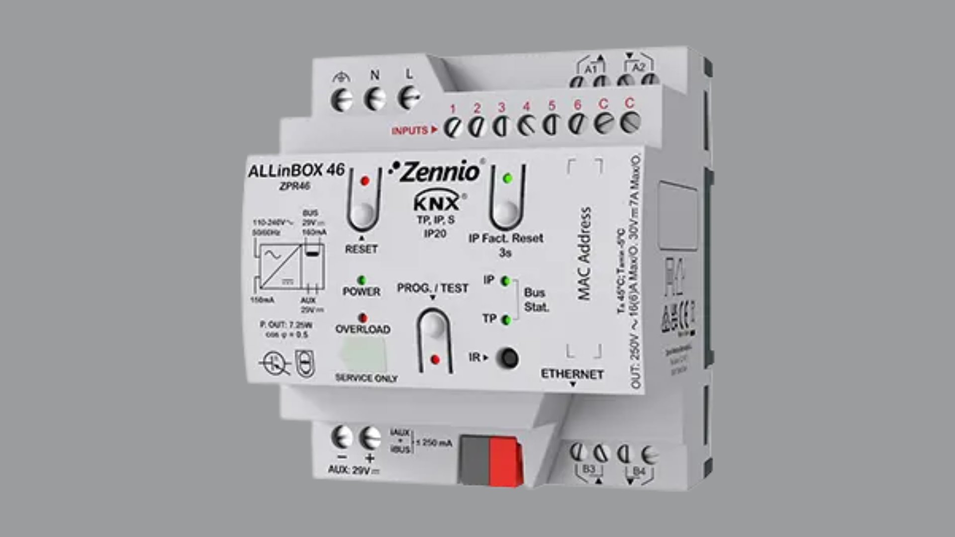 Dispositivo multifunzione KNX su guida DIN (4,5 moduli) con alimentatore 160 mA, interfaccia KNX-IP, 4 termostati, 6 ingressi analogico-digitali e 4 uscite a relè da 16A.