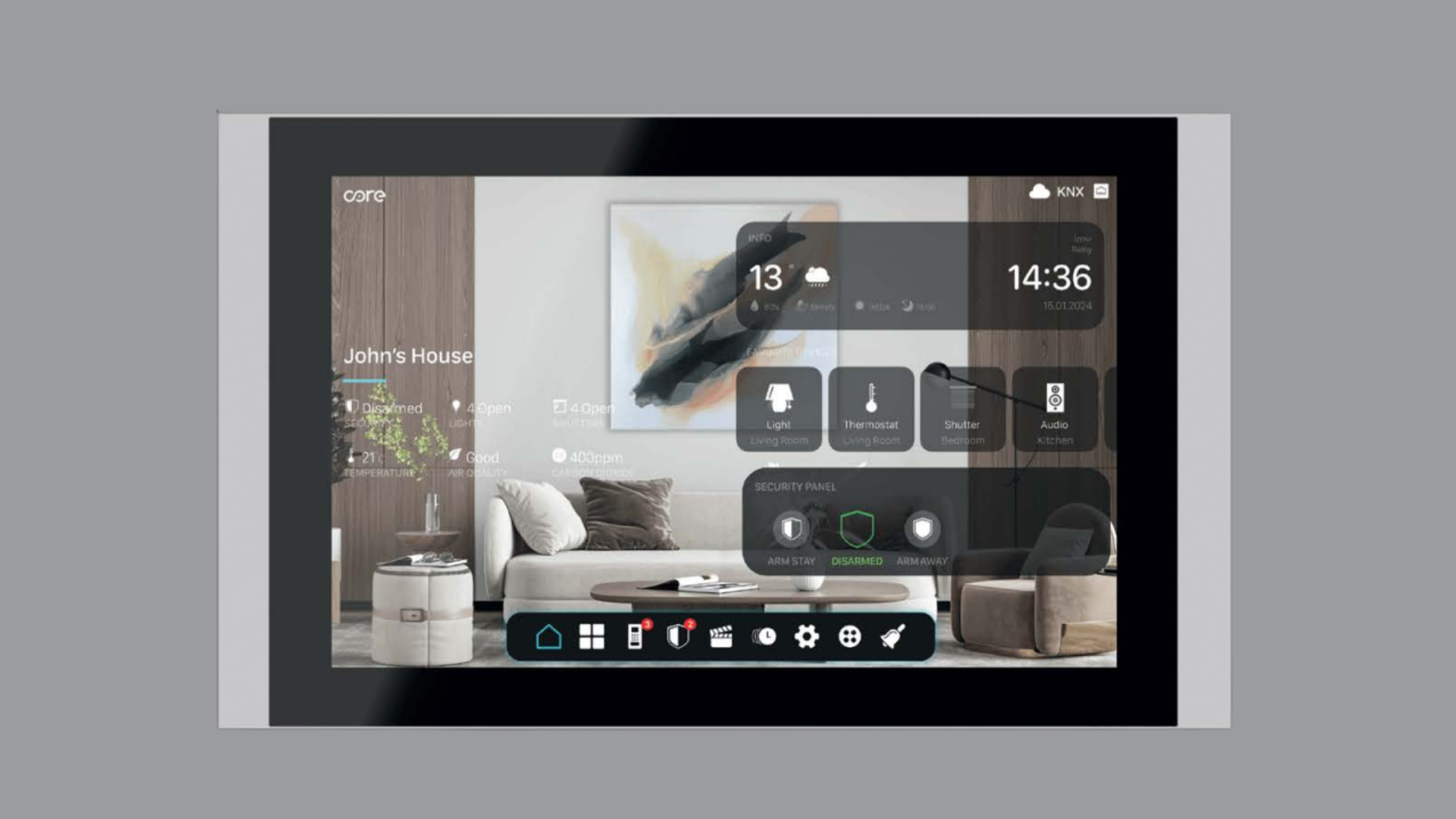 Pannello touch screen domotico per il controllo d'ambiente Eclipse 2.0 con display Full HD ad alta risoluzione disponibile nei formati da 10 e 5 pollici.