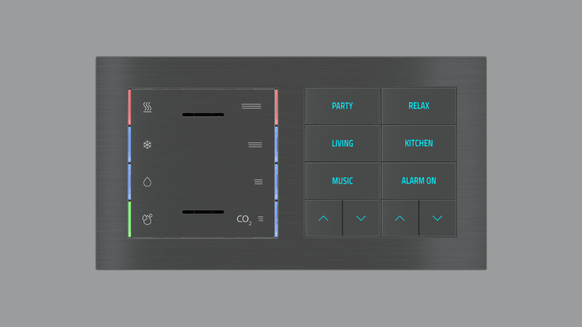 Pulsante KNX a 10 tasti Ekinex per placca a 2 posti con multisensore integrato di temperatura, umidità e CO2, tasti retroilluminati e sensore di prossimità per domotica.