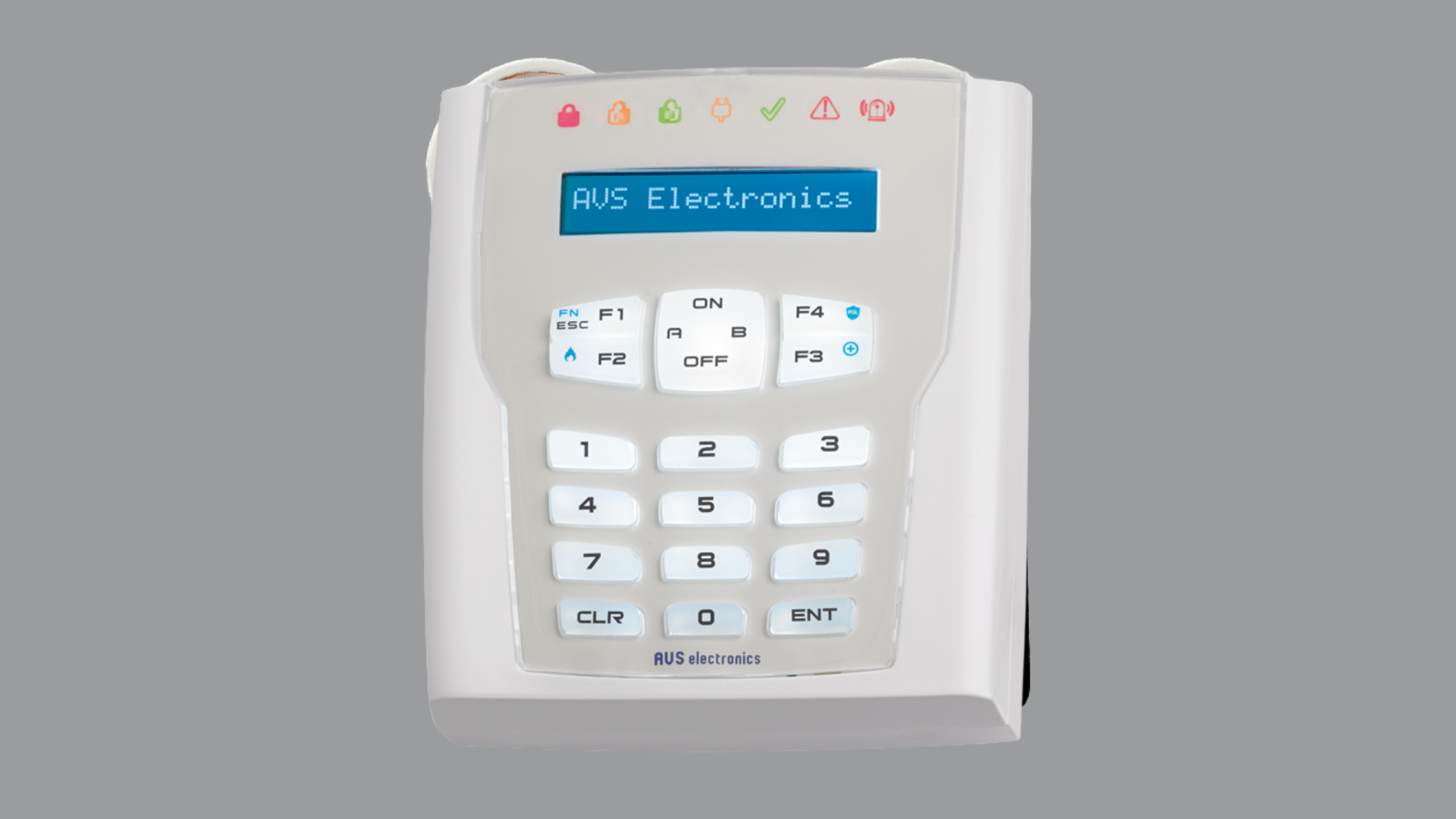 Tastiera LCD smart per impianti d'allarme e antifurto in colore bianco con display 32 caratteri, guida vocale audio, lettore di prossimità NFC integrato e LED di stato.