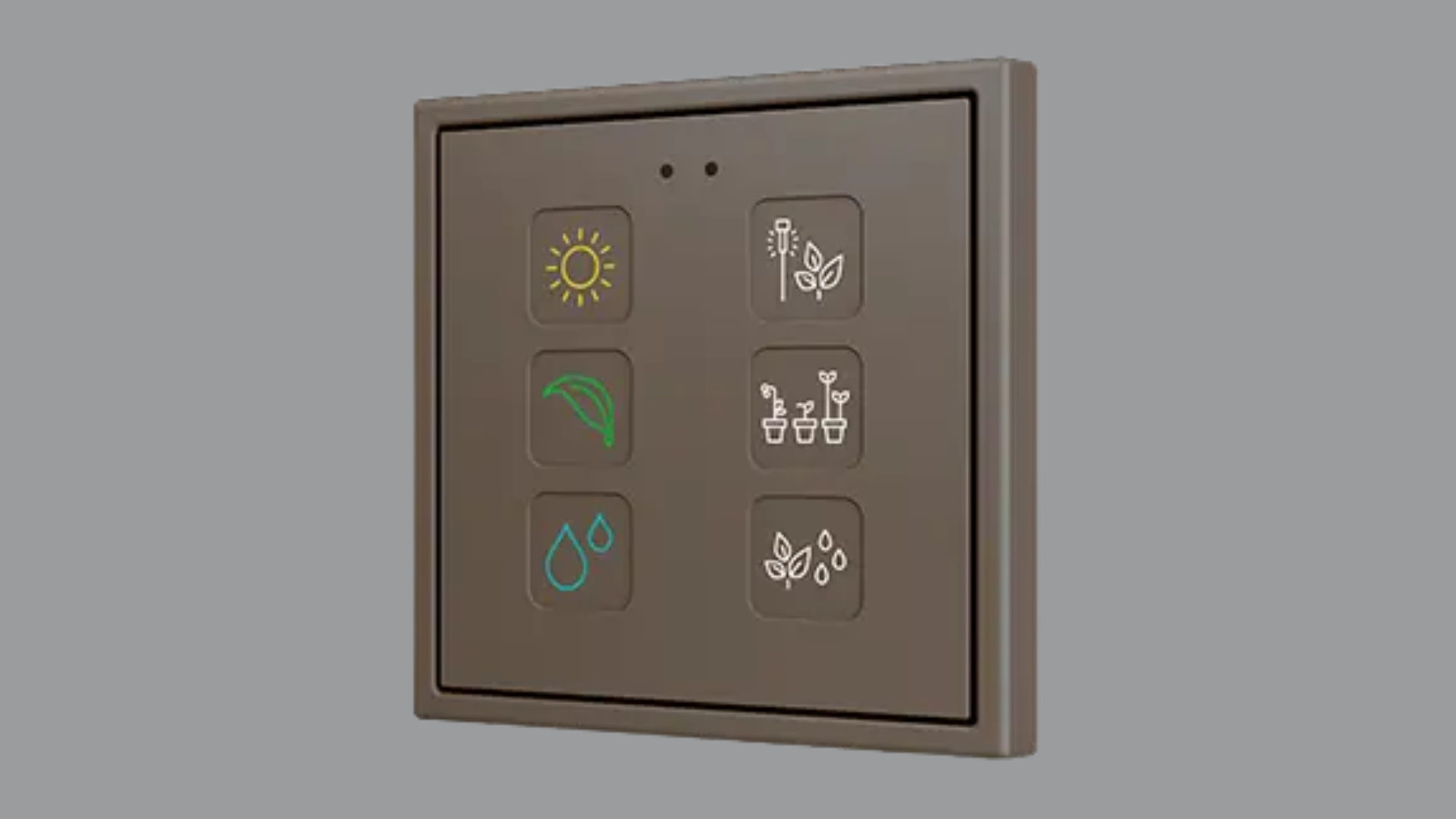Interruttore touch capacitivo KNX Zennio serie Tecla RGB 70 (70x70 mm) in policarbonato con icone retroilluminate RGB, sensore di prossimità, termostato e supporto KNX Secure.