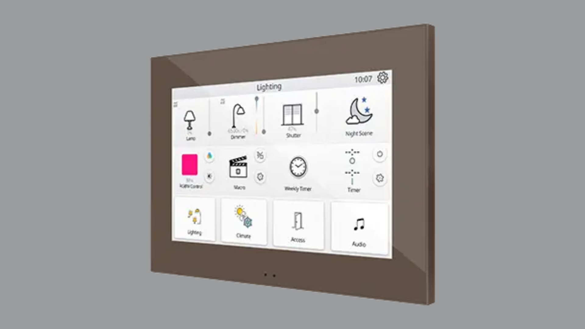 Pannello touch capacitivo a colori Zennio Z70 v2 da 7 pollici con estetica minimalista, sensori di prossimità e luminosità, sonda di temperatura e termostati integrati per domotica e hotel.