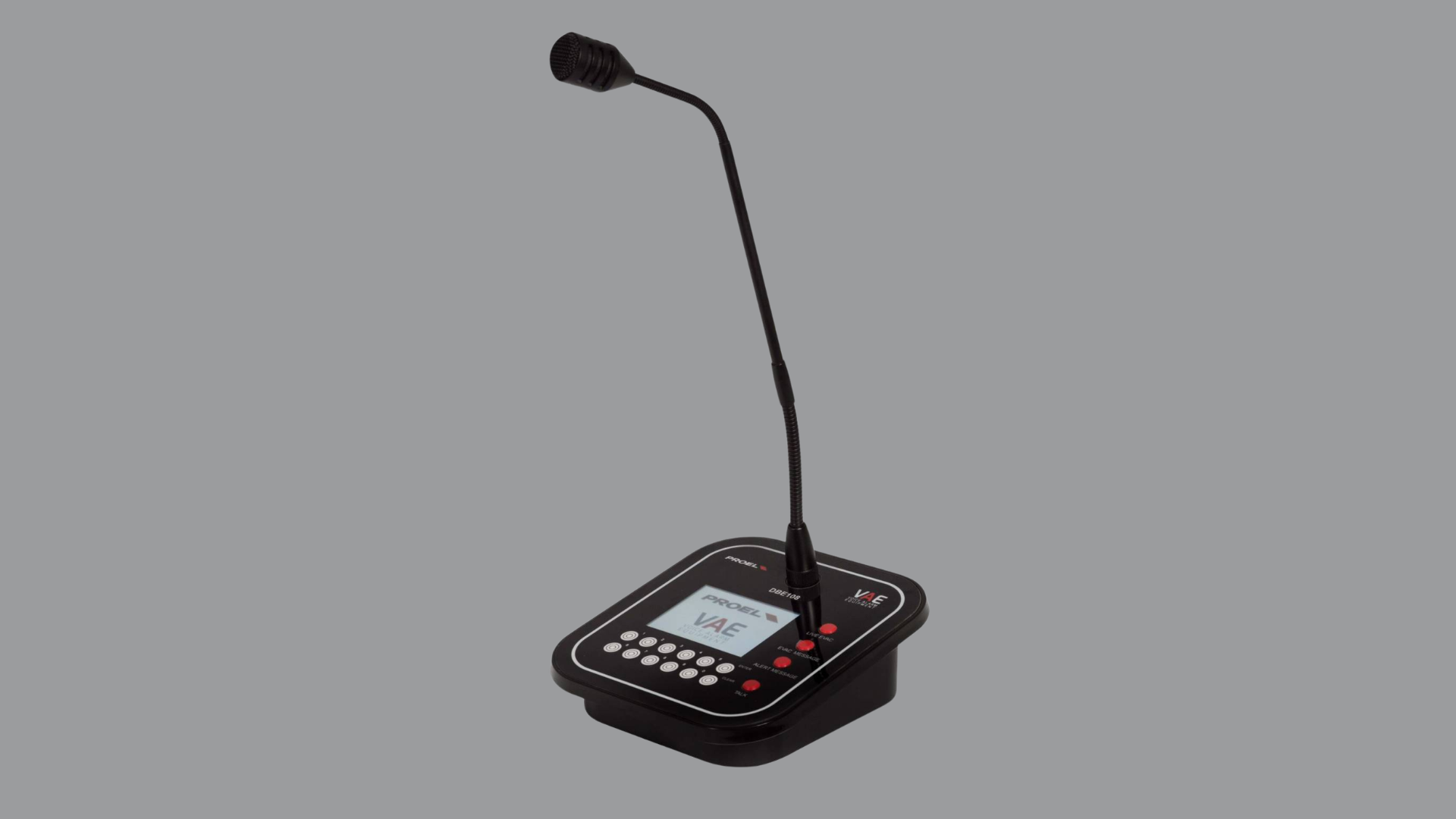 Consolle microfonica programmabile da tavolo Proel PA DBE108 conforme alla norma EN54-16 per sistemi di evacuazione vocale ed emergenza, con 10 tasti, display touch screen e microfono a collo di cigno.