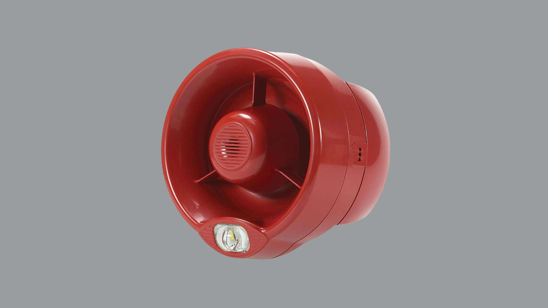 Sirena convenzionale ottico-acustica rossa da parete Riello Fire CWS100-AV con lampeggiante flash bianco, 32 toni selezionabili e certificazione EN54-3 ed EN54-23 per impianti antincendio.