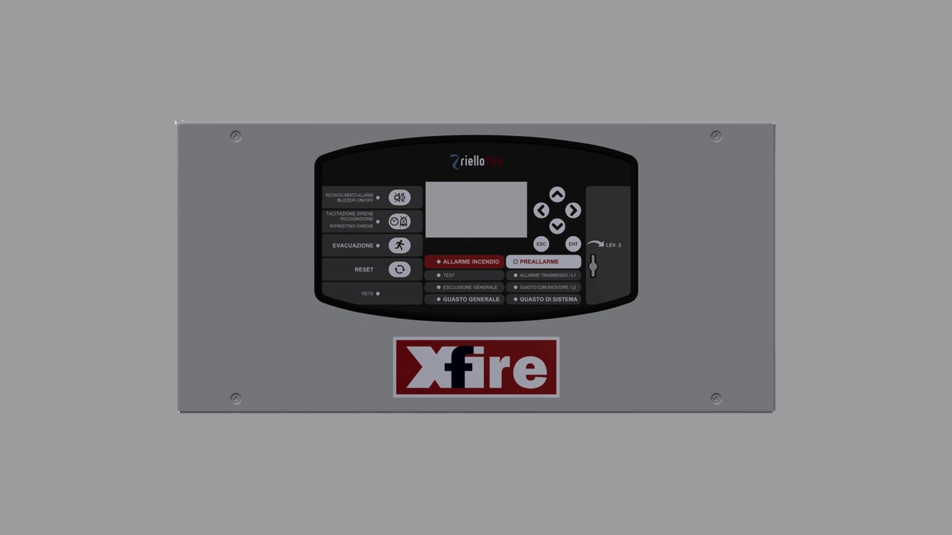 Pannello di controllo remoto con display LCD per centrali di rilevazione incendio indirizzate Riello Fire serie XFIRE, per la visualizzazione e la gestione dello stato dell'impianto antincendio.